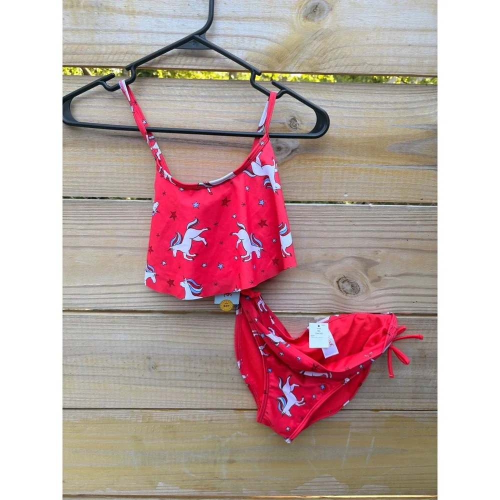 Cat & Jack Girls Red Unicorn Star Flounce Bikini Swimsuit Set XL 14/16 NEW